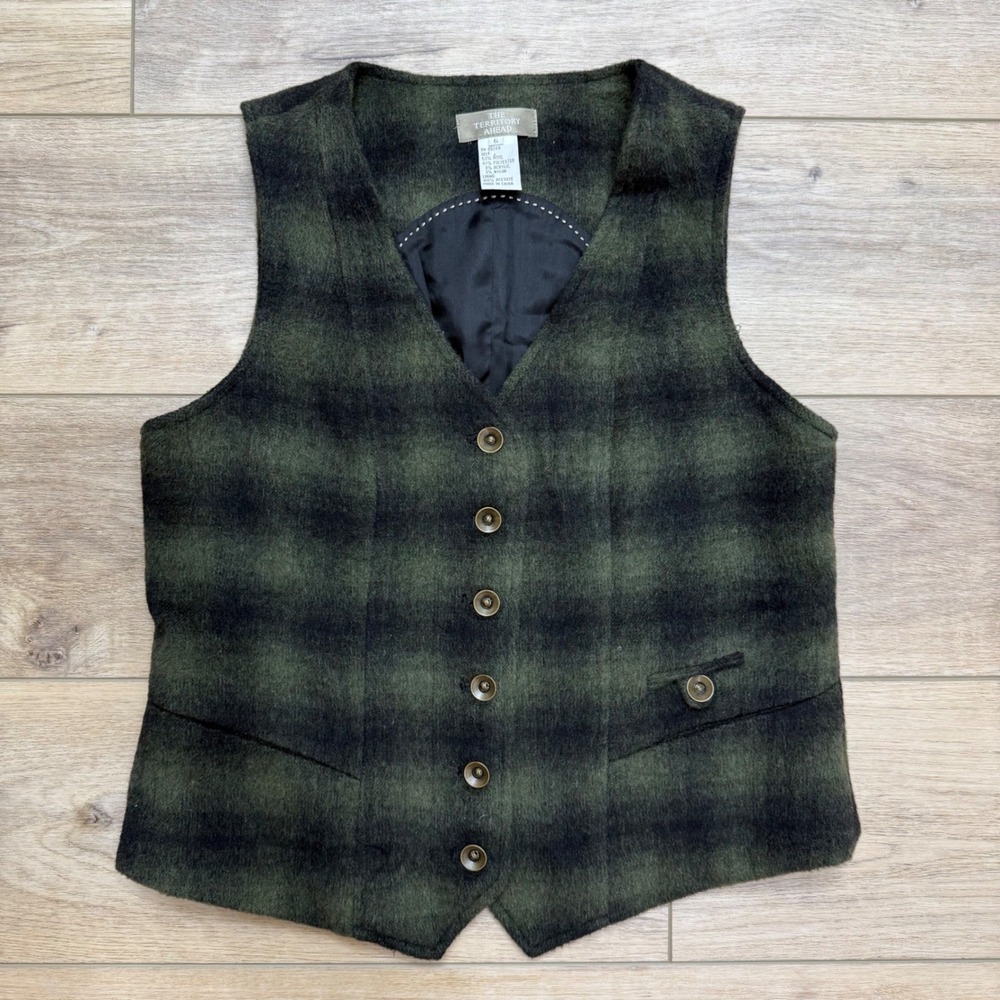 The Territory Ahead Womens Melton Wool Blend Plaid Vest Green Academia Sz 6